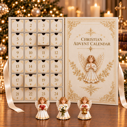 Open Christian Advent Calendar with miniature angel ornaments