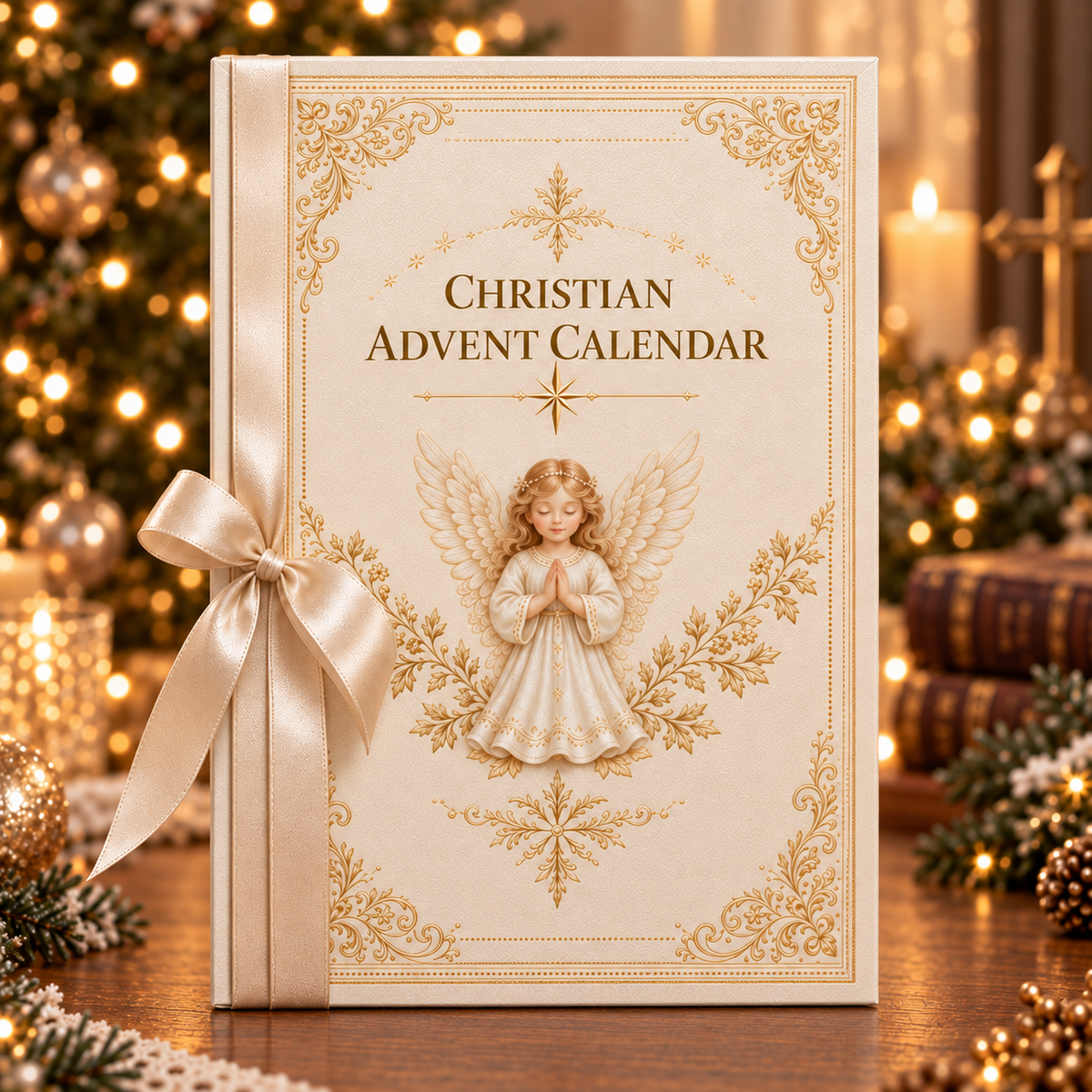 Christian Advent Calendar beside a Christmas tree