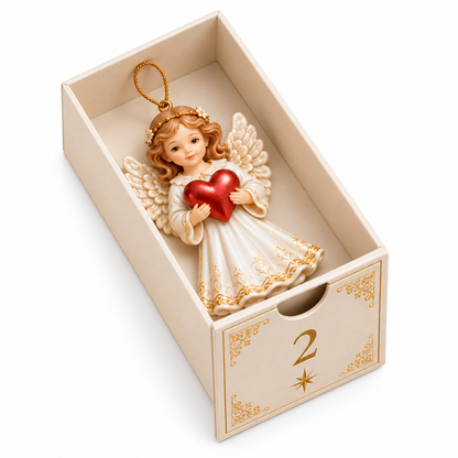 Angel ornament with a red heart inside drawer number 2