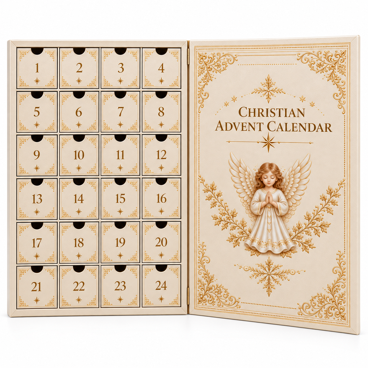 Christian Advent Calendar open with 24 numbered drawers