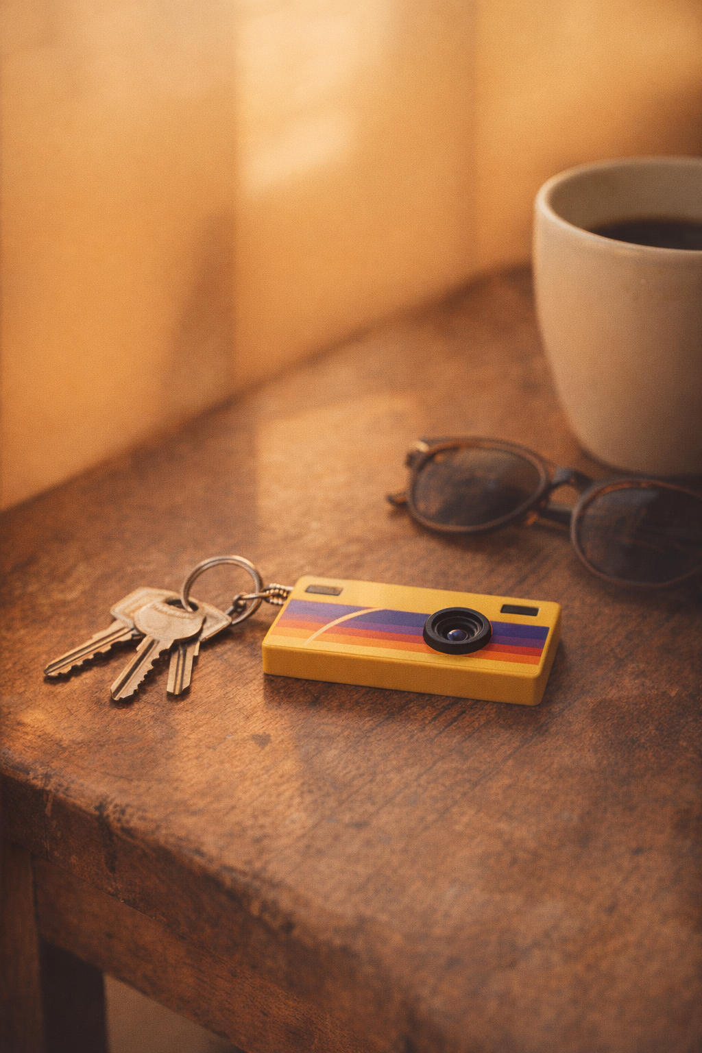 The camera on a set of house keys beside a cup of coffee