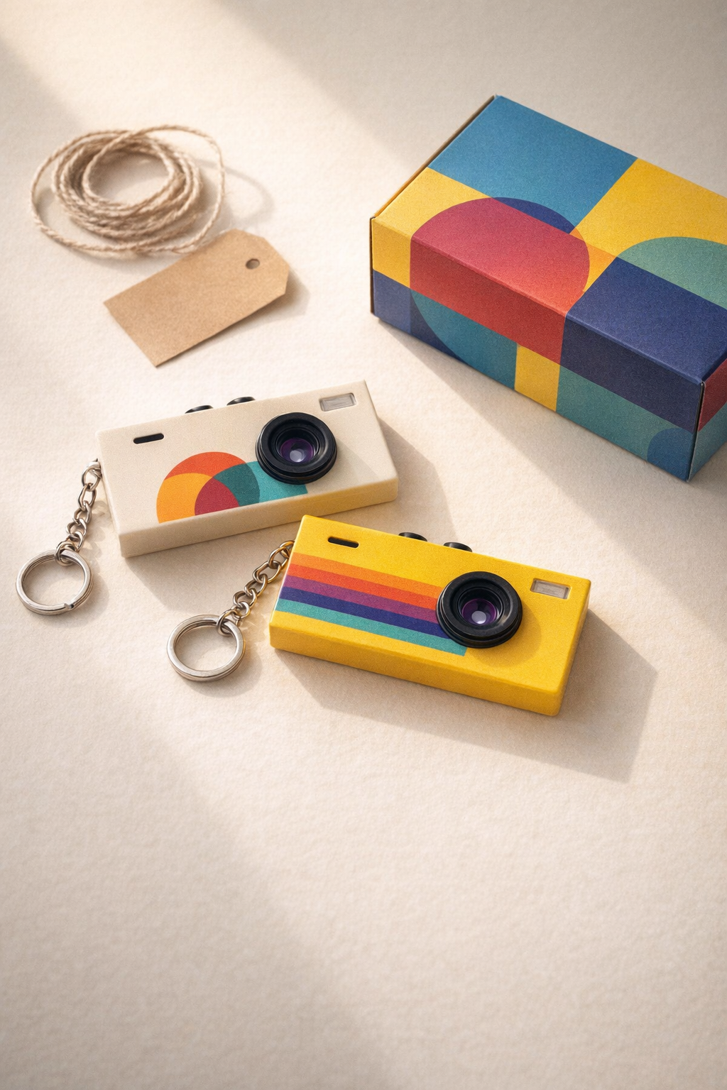 Two cameras beside their retail box with twine and a gift tag
