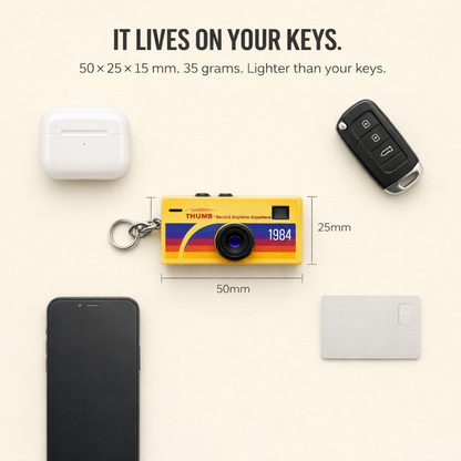 Size comparison: the Thumb Camera 1984 next to a credit card, car key and phone, 50 by 25 by 15 mm